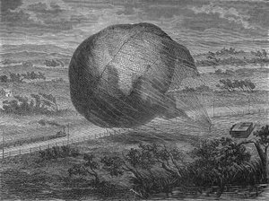 Der Fall des Ballons „Der Riese“ in den Ebenen von Hannover im Jahr 1863 mit an Bord: Jules und Louis Godard, Felix Nadar, seine Frau, Fernand Montgolfier und Thirion. In „Album de la Science“, Éditions Jouvet