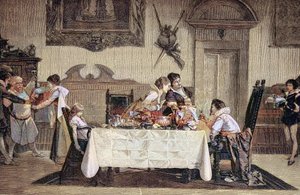 Der erstgeborene männliche Nachkomme, die Hebamme zeigt den neugeborenen Sohn den anderen Familienmitgliedern von Unknown artist