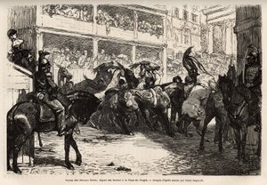 Das freie Pferderennen, das während des Karnevals viermal organisiert wird, beginnt auf dem Volksplatz, dann galoppieren die Pferde auf dem Corso zur Venedig-Platz, wo die Preise überreicht werden. Gravur zur Illustration der Reise nach Rom, von Francis We