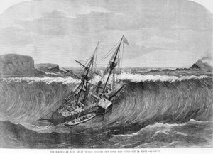 Die riesige Welle des Tsunamis von Dezember 1867 in Saint Thomas, Jungferninseln, trifft auf das Radboot La Plata. Stich aus dem 19. Jahrhundert.
