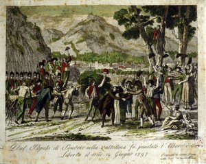 Die Einwohner von Sondrio de la Valtellina pflanzen den Baum der Freiheit, Symbol des Sieges über das Alte Regime. 14.06.1797. Gravur von Unknown artist