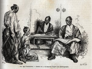 Der Untersuchungsrichter bei der Ausübung seiner Pflichten, kniend vor ihm, beschuldigt ihn ein Samurai. Gravur zur Illustration der Reise nach Japan 1863-1864, von Aimé Humbert, Minister der Schweizerischen Eidgenossenschaft, in „Le tour du monde, nouveau