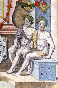 Die Lares-Götter: Sie schützen das Haus und seine Bewohner (sie sind die Geister der Vorfahren). Gravur des 16. Jahrhunderts von Unknown artist