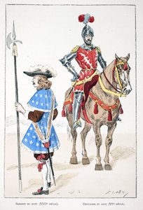 Der Wachsergeant im 17. Jahrhundert und der Ritter im 15. Jahrhundert. Farbradierung zur Illustration „Histoire du corps des gardiens de la paix“, Buch veröffentlicht unter der Schirmherrschaft von Louis Lepine (1846-1933), Polizeipräfekt der Seine.