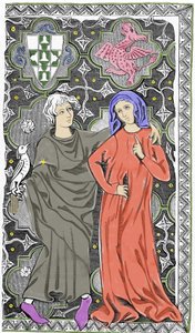 Der Zauberer Merlin der Zauberer trifft die Fee Viviane im Wald von Brocéliande. Darstellung eines Emailmanuskripts aus Limoges aus dem frühen 15. Jahrhundert. 19. Jahrhundert von Unknown artist