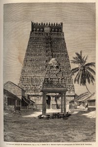 Das Haupt-Gopuram des Rama-Tempels in Combaronum, bestehend aus 11 Stockwerken und gekrönt von 11 Kugeln, die verschiedenen Seiten dieses pyramidenförmigen Turms sind vollständig mit Statuen bedeckt. Gravur zur Illustration der Reise in die südlichen Provi von Unknown artist