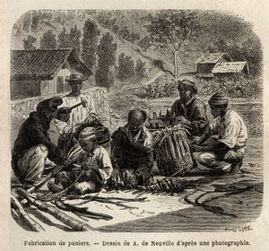 Die Herstellung von Palmblattkörben zur Kaffeebereitung. Gravur zur Illustration der Reise nach Brasilien, Geschichte von M. und Mme Agassiz, 1865-1866, veröffentlicht in „Le tour du monde, nouveau journal des voyages“, unter der Leitung von Edouard Charto von Unknown artist