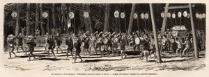 Das Matsouri (Jahrmarkt, Prozession) des Roksamia, Kami-Tempel in der Nähe von Yedo (oder Edo, dem heutigen Tokio), am 5. Tag des 5. Monats des Jahres, die Menge versammelt sich, um Heilkräuter im Wald zu sammeln und am Abend organisieren die Priester ein von Unknown artist