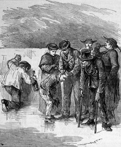 Die Pilger trinken das wundersame Wasser von Lourdes in den Hohen Pyrenäen, wo die Jungfrau 1858 Bernadette Soubirous (1844-1879) erschien, heutiger Wallfahrtsort. Gravur von 1877 von Unknown artist