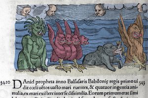 Der Prophet Daniel sieht Monster erscheinen: Haniel, Kafziel, Azriel, Aniel. Gravur aus „The Book of Prodigiorum ac ostentorum Chronicon Basileae“ von Wolfhart (Conrad Lycosthene) 1557 von Unknown artist