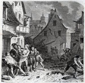 Die Rasierwasserschale von Lille. Eine Episode aus der Belagerung von Lille im Jahr 1792 während der Französischen Revolutionskriege - Le siège de Lille en octobre 1792 - Revolution française - Bombardement durch Österreicher und Preußen - Barbier benutzt  von Unknown artist