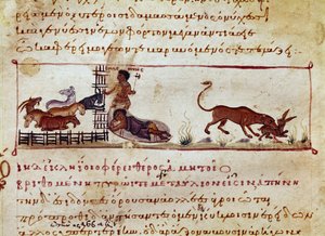 Die Schafzucht, rechts wird ein Hase von einem Miniaturtier verschlungen, aus „Die Cynegetik“ von Oppian von Syrien (3. Jahrhundert n. Chr.) gewidmet Caracalla. 11. Jahrhundert Venedig, Biblioteca Marciana