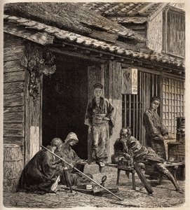 Die Schwelle eines Dorfgasthauses in Japan, die Wirtinnen dienen als Gastgeber für ihre Stammgäste. Gravur zur Illustration der Reise nach Japan in den Jahren 1863-1864, von Aime Humbert, Minister der Schweizerischen Eidgenossenschaft, in „Le tour du monde