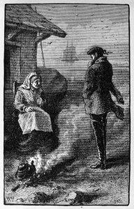 Die Hexe Bessie Millie, die auf der Insel Pomona (Orkney) lebt, verkauft den Seeleuten günstige Windbeutel. Illustration der Geschichte von Walter Scott aus dem Jahr 1814. Gravur des 19. Jahrhunderts