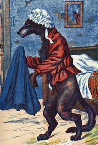 Der Wolf zieht die Kleider der Großmutter an. Anonyme Illustration für „Rotkäppchen“, Märchen von Charles Perrault (1628-1703), französischer Schriftsteller. Bildmaterial Marcel Vagne, Jarville Nancy, undatiert (spätes 19. Jahrhundert) von Unknown artist