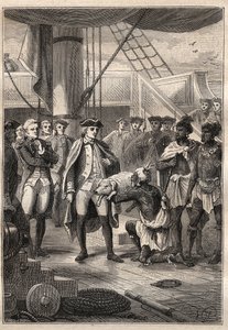 Dritte Reise (1776-1779) von Kapitän James Cook (1728-1779): Priester Koah bietet Cook ein kleines Schwein an Bord des Schiffes Resolution an (Hawaii) - Illustration aus „Die großen Seefahrer des 18. Jahrhunderts“ von Unknown artist