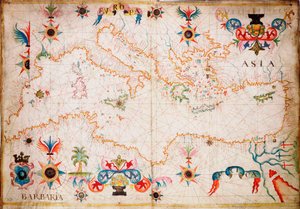 Dieser Typ früher Pergament-Seekarte entstand im Mittelmeer im 13. Jahrhundert, um 1610 (Manuskript)