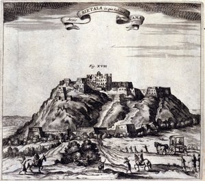 Tibet. Ansicht des Potala, Palast des Dalai Lama in Lhasa. „De China Monumenta“ von Athanasius Kircher (1601 - 1680), Jesuit, Orientalist und deutscher Gelehrter, Amsterdam 1667.
