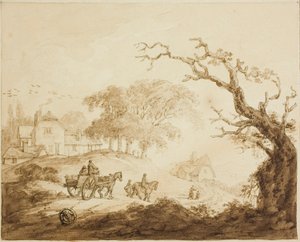 Reisende mit Pferden und Wagen auf einer Straße an Häusern vorbei von Unknown artist