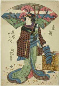 Zwei Zustände desselben Drucks, die eine Frau zeigen, offenbar eine Näherin, die isoliert auf der Seite steht, mit einem Landschaftsfächer hinter ihr über dem Druck. Aus der Serie: Tôto Meisho Kurabe von Unknown artist