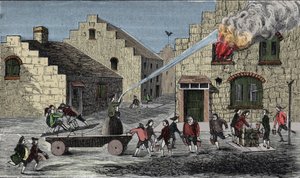 Verwendung einer Feuerspritze zur Brandbekämpfung. Gravur von 1733. von Unknown artist