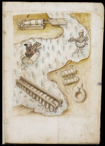 Verschiedene Systeme von Bojen und Flößen für die Evolution auf dem Wasser - Manuskript: Pergamentblatt eines Ingenieurhandbuchs für den Bau ziviler, religiöser und militärischer Gebäude, anonym, späte 15. Jahrhundert (Figur in chinesischer Tinte)