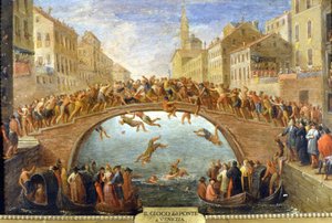 Venedig, das Spiel der Brücke. Anonymes Gemälde. 18. Jahrhundert. Private Sammlung von Unknown artist