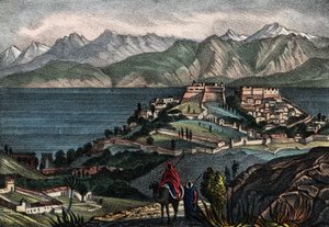 Ansicht von Candle und der Atlas-Kette, Stadt, die 1833 von General Trézel der französischen Armee Afrikas eingenommen wurde. In „Storia d