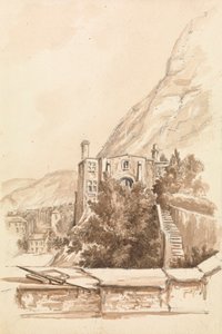 Ansicht einer Stadt mit Klippen im Hintergrund von Unknown artist