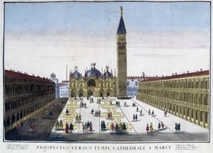Ansicht der Basilika und des Campanile vom Markusplatz (San Marco) in Venedig, Italien. Gravur des 18. Jahrhunderts. von Unknown artist
