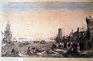 Ansicht der Stadt und des Hafens von Tunis im Mittelmeer - Gefangene Piraten kommen im Hafen von La Goulette in Tunis an. Gravur des 18. Jahrhunderts von Unknown artist