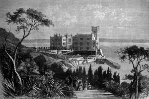 Ansicht des Schlosses Miramare in Triest (während der österreichischen Periode), Gravur von 1885