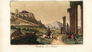 Ansicht der Stadt Athen, Griechenland, mit der Akropolis und dem Parthenon links, Ruinen von Säulen, Denkmälern und Propyläen vorne von Unknown artist