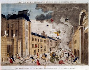 Ansicht der Explosion der Höllenmaschine in der Rue Saint Nicaise in Paris am 3. Nivose Jahr IX. Die Verschwörung der Höllenmaschine war ein Attentat auf Napoleon Bonaparte, den neuen Ersten Konsul nach dem Staatsstreich vom 18. Brumaire.