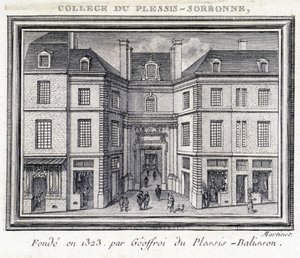Ansicht der Außenfassade des Plessis-Sorbonne-Kollegs (Paris), gegründet 1323 von Geoffroy von Plessis Balisson, genutzt von 1848 bis 1849 von der ENA. Gravur im Musée Carnavalet, Paris