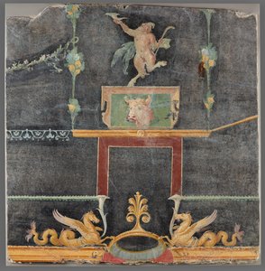 Wandfragment mit tanzendem Satyr, Hippokampen und anderen dekorativen Motiven auf schwarzem Grund von Unknown artist