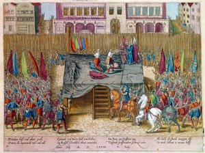 Krieg der Neunzig Jahre: Die Enthauptung von Lamoral, Graf von Egmont, Prinz von Gavre (1522-1568), niederländischer Politiker. Er wurde im Rahmen des Conseil des troubles (oder Blutrat) verurteilt, der vom Herzog von Alba eingerichtet wurde. Gravur. Paris