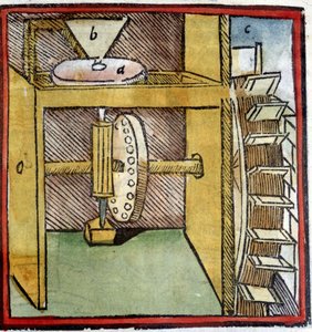 Wassermühlenrad zur Weizenmahlung. Darstellung einer Nockenwelle aus „De architectura“ von Vitruv (1630) von Unknown artist