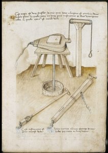 Wasserpumpinstrumente - Manuskript: Pergamentblatt eines Ingenieurhandbuchs für den Bau ziviler, religiöser und militärischer Gebäude, anonym, spätes 15. Jahrhundert (Figur in chinesischer Tinte)