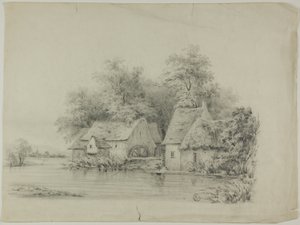 Wassermühle und Hütte mit Strohdächern von Unknown artist