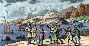 Hexerei und Glauben: Finnen und Sami provozieren einen Sturm durch die Magie von drei Knoten. Gravur aus „Mundi Mirabilis Oeconomia“ von Johann Zahn (1631-1707) von Unknown artist