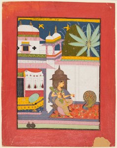 Frau spricht zu einem Pfau: Gujari Ragini von Megh, aus einem Ragamala