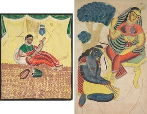 Frau spielt Musik (recto); Krishna streichelt Radhas Füße (verso) von Unknown artist