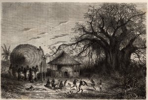Frauen von den Ufern des Sambesi winken Hütten und im Vordergrund spielen Kinder. Gravur zur Illustration von Dr. Livingstones ersten Reisen nach Südafrika von 1840 bis 1856, in „Le tour du monde, nouveau journal des voyages“ veröffentlicht unter der Leitu
