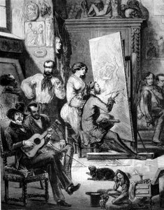 Werkstatt eines Malers im 19. Jahrhundert. Einige spielen Musik, andere rauchen, während der Maler zeichnet. Gravur des 19. Jahrhunderts von Unknown artist