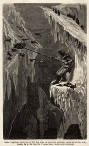 Junger Eskimo, der arktische Pinguine fängt. Illustration der Reise zum freien Meer des Arktischen Pols, von Dr. Hayes, Chirurg der US-Marine, 1860-1862, veröffentlicht in "Le tour du monde, nouveau journal des voyages" von Unknown artist