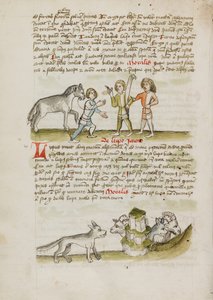 Ein Mann führt ein Pferd zu zwei anderen Männern; Ein Wolf vor einer Herde von Schafen und Widdern