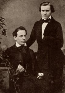 Johannes Brahms (1833-1897) deutscher Komponist, stehend, mit dem ungarischen Geiger Eduard Remenyi (1828-1898), mit dem er auf Tournee ging (Halbton von einem Foto)