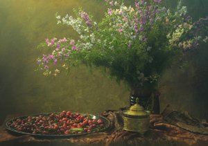 Vintage Kirschen und Wildblumen