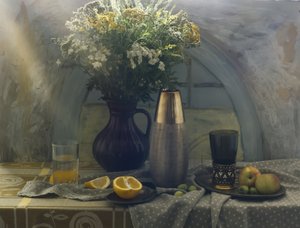 Wildblumen und frische Früchte